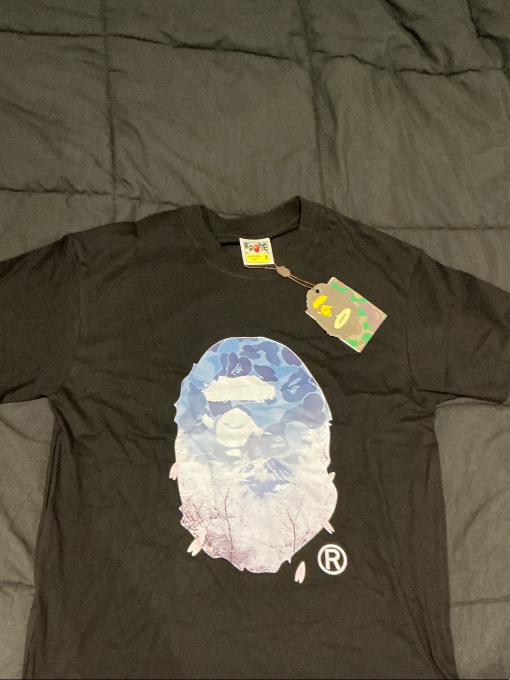 Bape Black Tee with Blue and White Ape Head Graphic